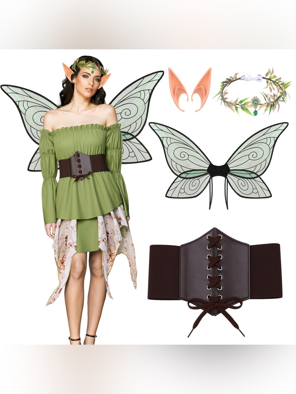 Green Fairy Costume Dress with Brown Corset Belt